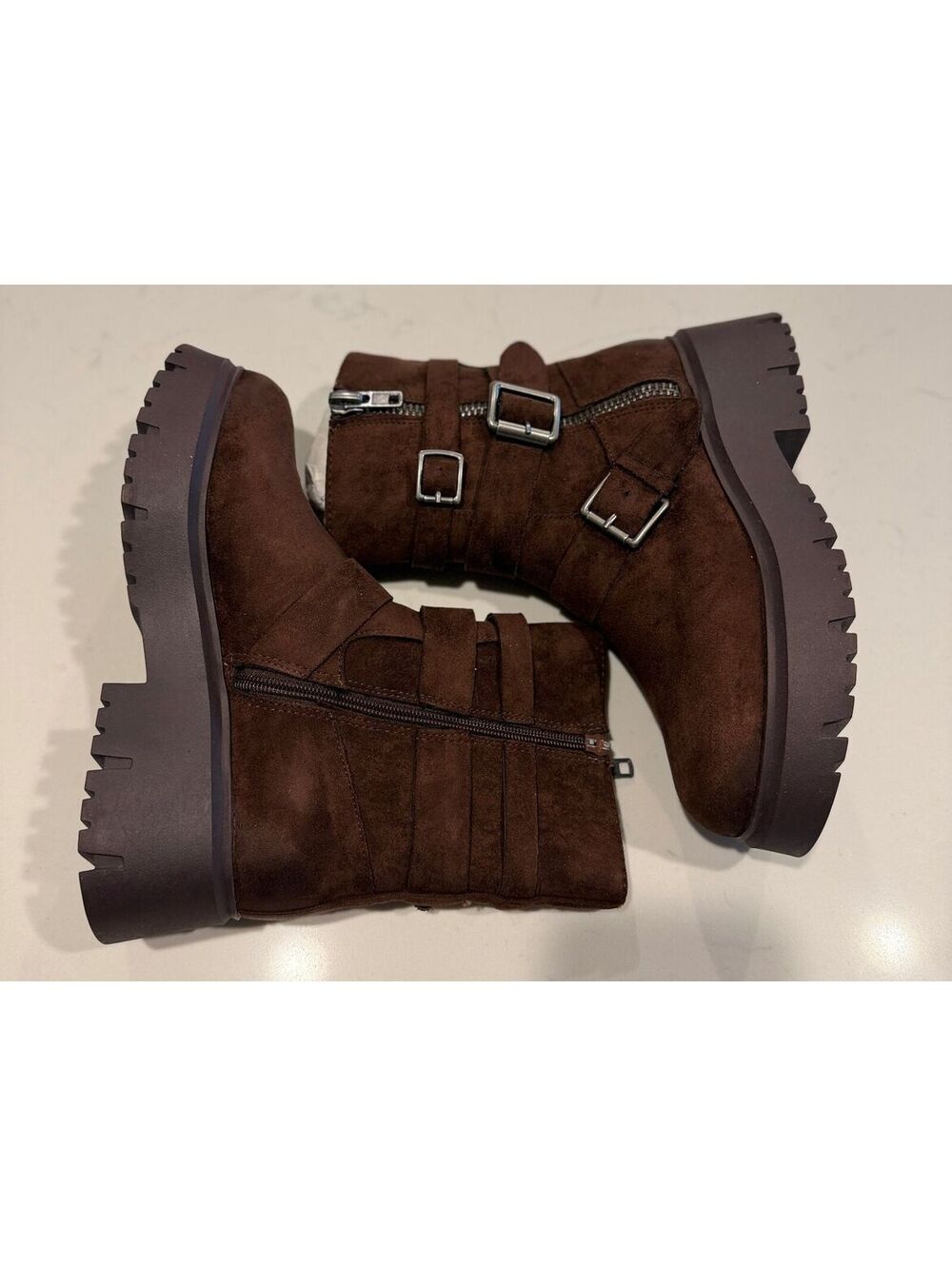 Madden Girl Chocolate Brown Mally Moto Buckle Lug Sole Boots Women Size 6.5